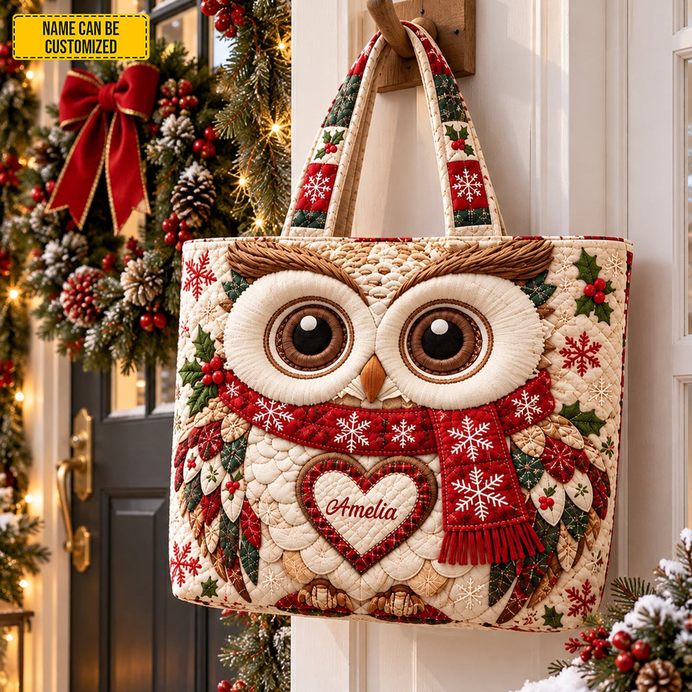 Personalized Christmas Owl Quilted Tote Bag