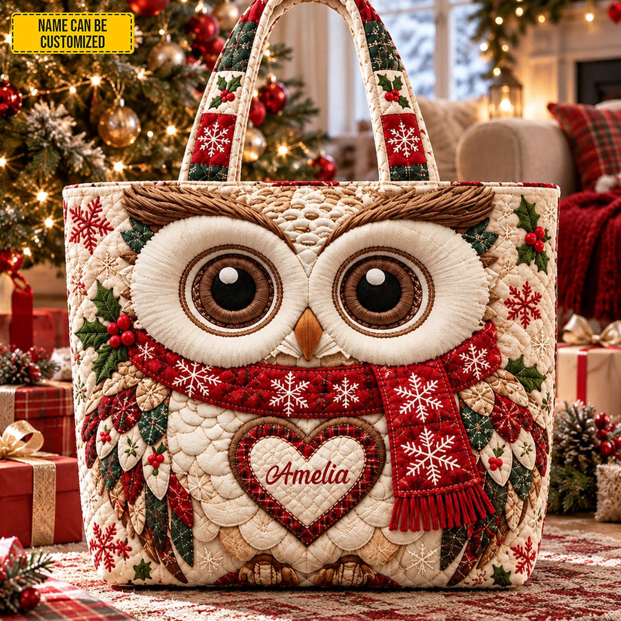 Personalized Christmas Owl Quilted Tote Bag