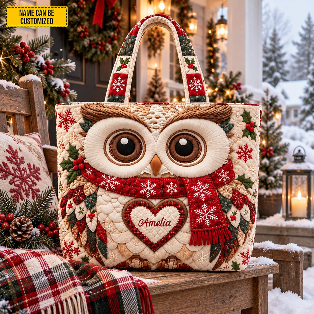 Personalized Christmas Owl Quilted Tote Bag
