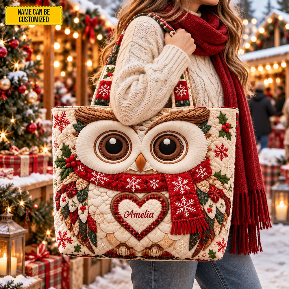 Personalized Christmas Owl Quilted Tote Bag