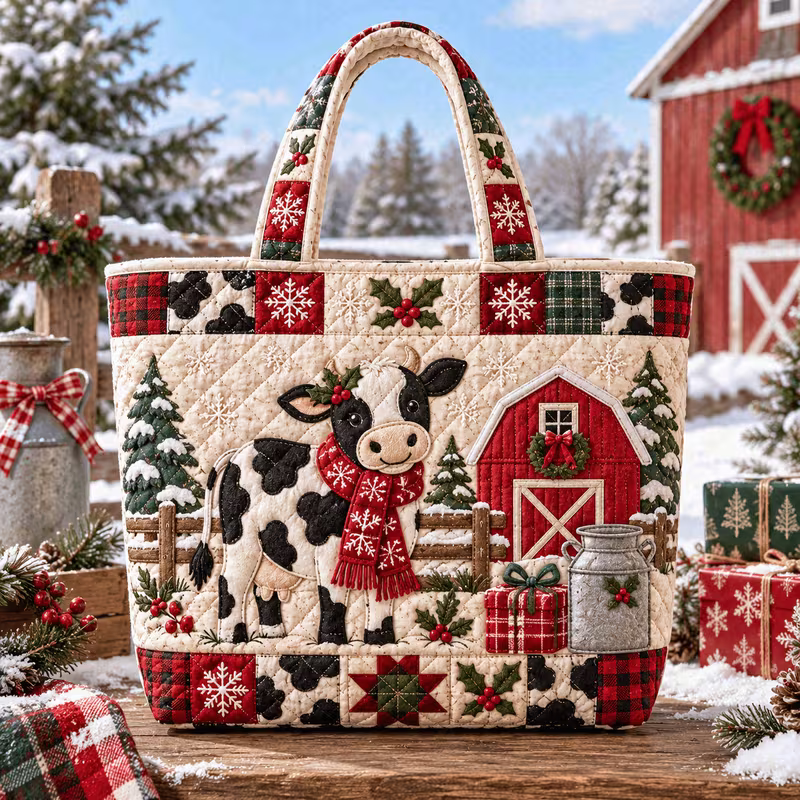 Farmhouse Christmas Cow Print Quilted Tote Bag