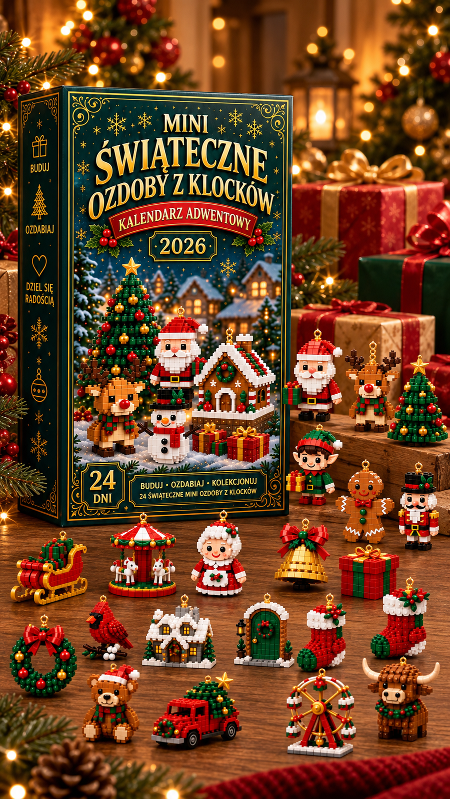 Świąteczny kalendarz adwentowy z ozdobami – 24 mini zestawy do składania na Boże Narodzenie