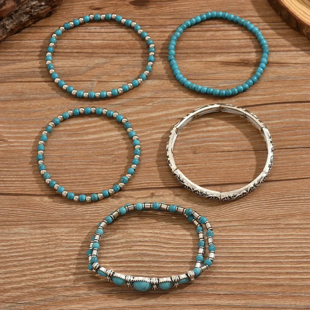 Zestaw bransoletek z koralikami w kolorze turkusowym w stylu boho