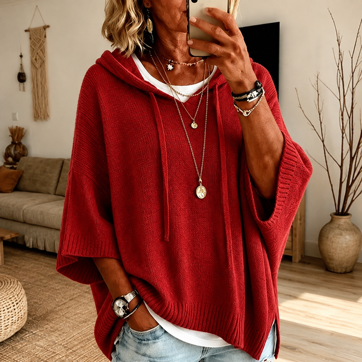 Claire – Czerwony sweter ponczo