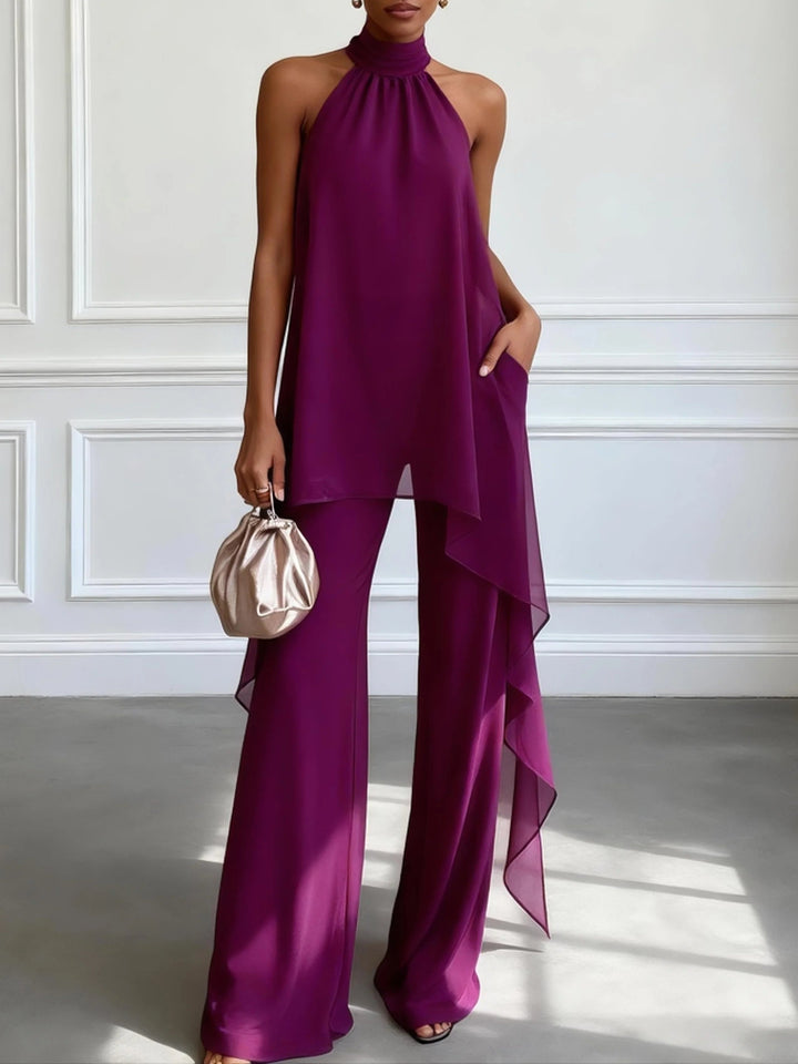 Ewa - Elegancki Fioletowy Zestaw Top Halter i Spodnie