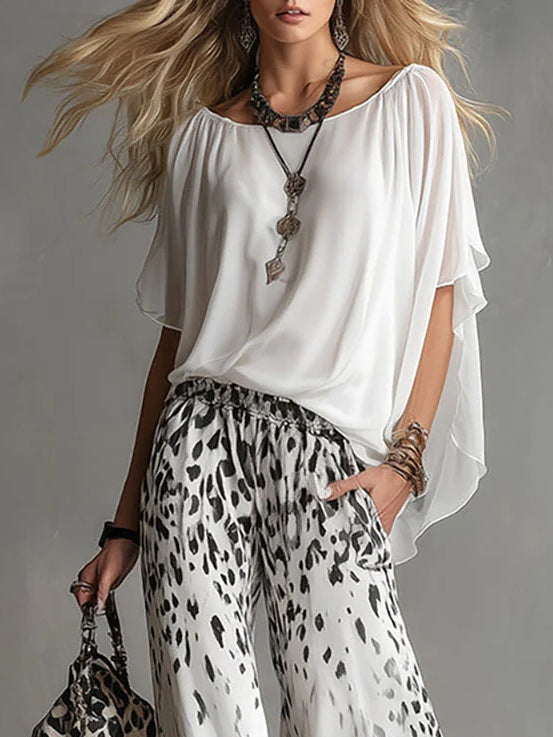 Zuzanna - Top z Dekoltem Bateau i Spodnie w Print Lwa